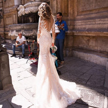Load image into Gallery viewer, Women Princess Mermaid Wedding Dresses Bridal Ivory Long Sleeves Appliqued Tulle Buttons Back Boho Wedding Gown Long Train Bride WN2608