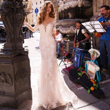 Load image into Gallery viewer, Women Princess Mermaid Wedding Dresses Bridal Ivory Long Sleeves Appliqued Tulle Buttons Back Boho Wedding Gown Long Train Bride WN2608