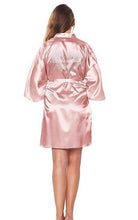 Load image into Gallery viewer, Satin Faux Silk Wedding Bride Bridesmaid Robes White Bridal Dressing Gown Kimono Bathrobes Printed BRIDE at Back N0124 - VINLUVBRIDAL