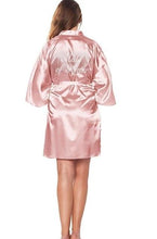 Load image into Gallery viewer, Satin Faux Silk Wedding Bride Bridesmaid Robes White Bridal Dressing Gown Kimono Bathrobes Printed BRIDE at Back N0124 - VINLUVBRIDAL