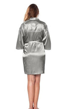 Load image into Gallery viewer, Satin Faux Silk Wedding Bride Bridesmaid Robes White Bridal Dressing Gown Kimono Bathrobes Printed BRIDE at Back N0124 - VINLUVBRIDAL
