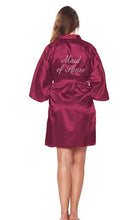Load image into Gallery viewer, Satin Faux Silk Wedding Bride Bridesmaid Robes White Bridal Dressing Gown Kimono Bathrobes Printed BRIDE at Back N0124 - VINLUVBRIDAL