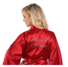 Load image into Gallery viewer, Satin Faux Silk Wedding Bride Bridesmaid Robes White Bridal Dressing Gown Kimono Bathrobes Printed BRIDE at Back N0124 - VINLUVBRIDAL