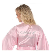 Load image into Gallery viewer, Satin Faux Silk Wedding Bride Bridesmaid Robes White Bridal Dressing Gown Kimono Bathrobes Printed BRIDE at Back N0124 - VINLUVBRIDAL