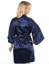Load image into Gallery viewer, Satin Faux Silk Wedding Bride Bridesmaid Robes White Bridal Dressing Gown Kimono Bathrobes Printed BRIDE at Back N0124 - VINLUVBRIDAL