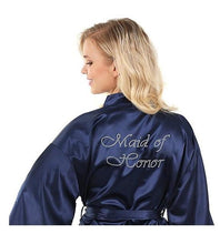 Load image into Gallery viewer, Satin Faux Silk Wedding Bride Bridesmaid Robes White Bridal Dressing Gown Kimono Bathrobes Printed BRIDE at Back N0124 - VINLUVBRIDAL