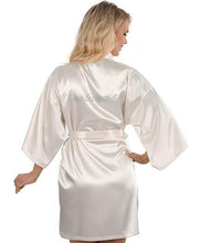 Load image into Gallery viewer, Satin Faux Silk Wedding Bride Bridesmaid Robes White Bridal Dressing Gown Kimono Bathrobes Printed BRIDE at Back N0124 - VINLUVBRIDAL