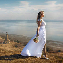 Load image into Gallery viewer, Women Lace White Chiffon Beach Wedding Dresses Bridal Vintage Appliques Cap Short Sleeve WN2604