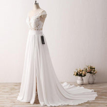 Load image into Gallery viewer, Women Lace White Chiffon Beach Wedding Dresses Bridal Vintage Appliques Cap Short Sleeve WN2604