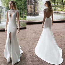 Load image into Gallery viewer, Women Wedding Dresses Bridal Mermaid Ivory High Neck Front Split Lace Beads Satin Bridal Gowns Sweep Train Plus Size WN2623