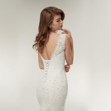 Load image into Gallery viewer, Mermaid Ivory Wedding Dresses Bridal Sleeveless Backless Floral Lace Applique Wetlook Satin WF2622